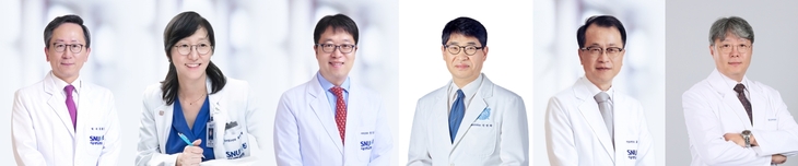 [사진 왼쪽부터] 서울대병원 김용진 진료부원장, 채종희 소아진료부원장, 권성근 연구부원장, 전영태 분당서울대병원장, 윤영호 강남센터원장, 송경준