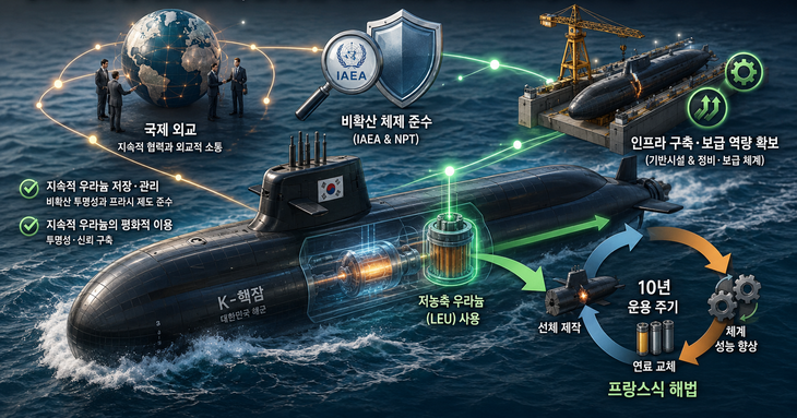핵 잠수함 운용과 관련, 수많은 외교적 노력과 인프라 구축이 필요하다. 인포그래픽=챗GPT 생성