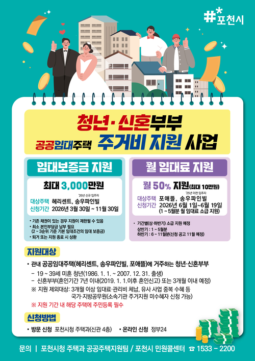 포천시 무주택 청년-신혼부부 공공임대주택 주거비 지원 자격 요건 완화 안내 배너