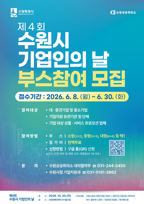 수원시는 '제4회 수원시 기업인의 날' 행사에서 전시·홍보 부스를 운영할 참여 기업·기관을 모집한다. 제공=수원시