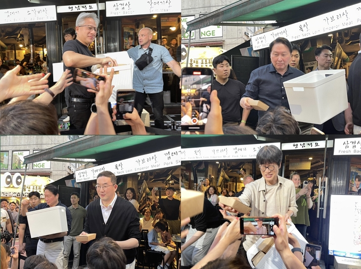 젠슨 황 엔비디아 최고경영자(CEO), 최태원 SK그룹 회장, 구광모 LG그룹 회장, 이해진 네이버 의장이 식당 인근에 몰려든 시민들에게 간식을 나눠주고 있
