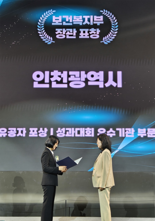 ▲ 인천시가 정부 구강보건사업 평가에서 보건복지부장관 표창을 수상하고 있다. 제공=인천시