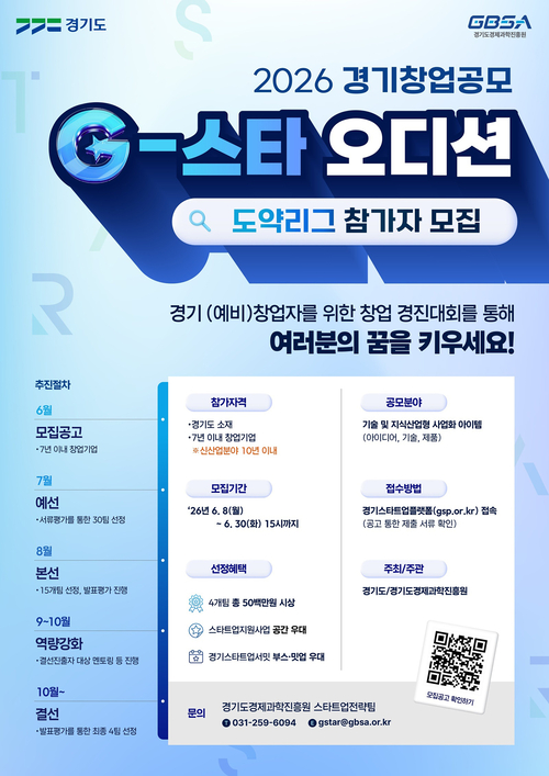 경기도와 경기도경제과학진흥원은 '2026년 경기 창업 공모(G스타 오디션) 도약리그' 참가기업을 모집한다. 제공=경기도