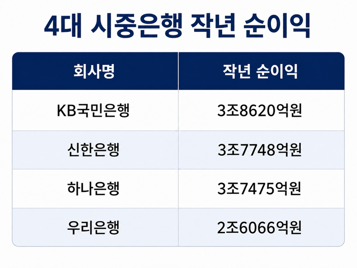 4대 시중은행 작년 순이익.