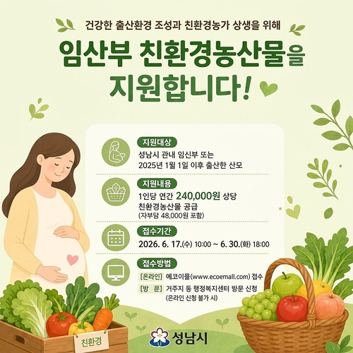 성남시는 관내 임산부에게 24만원 상당의 친환경 농산물 꾸러미를 지원한다. 제공=성남시