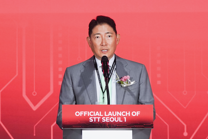 조현준 효성그룹 회장이 16일 서울 금천구 가산동에서 열린 효성-STT GDC의 인공지능(AI) 데이터센터 'STT 서울 1' 개관식에 참석해 축사를 하고 있다.