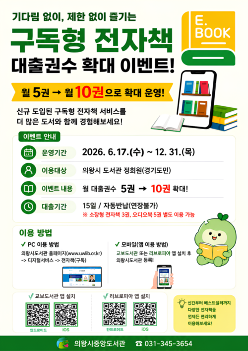 의왕시 구독형 전자책 대출 권수 확대 운영 배너