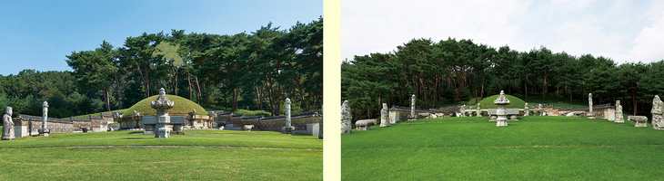 융건릉은 추존 장조의황제(사도세자)와 헌경의황후 홍씨를 모신 '융릉'(왼쪽), 조선 제22대 정조선황제와 효의선황후 김씨를 모신 '건릉'으로 구