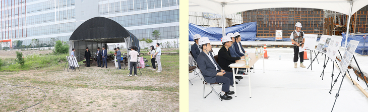 조용호 오산시장 당선인 인수위원회는 지난 19일 세교터미널 부지(왼쪽)와 신장2동 청사 건립 현장을 방문해 사업 추진 현황을 확인했다. 제공=오산