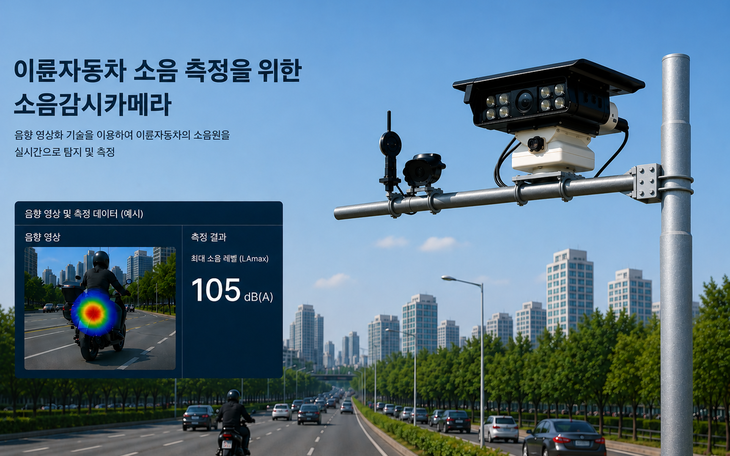 경기도가 전국 최초로 도입한 이륜차 소음감시카메라가 도로변에 설치된 모습. 카메라는 이륜차의 소음 발생 위치와 소음도를 실시간으로 측정해 고