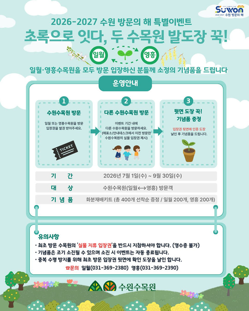 '초록으로 잇다, 두 수목원 발도장 꾹!' 홍보물. 제공=수원시