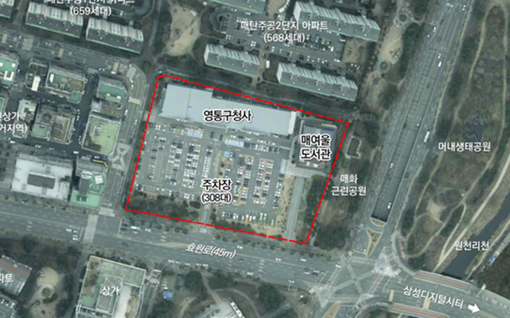 국토교통부의 2026년 상반기 도시재생 혁신지구 공모에서 후보지로 선정된 수원시 영통구 매탄동 영통구청 복합개발 대상지 위치도. 제공=경기도