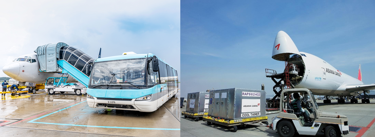공항 에어 사이드에서 한진그룹 계열 한국공항(KAS)의 램프 버스(좌측)와 아시아나에어포트의 터그 카가 지상 조업 중인 모습. 사진=각 사 제공