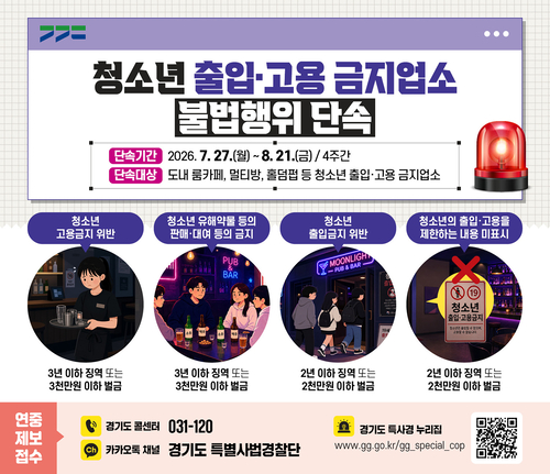 경기도 특별사법경찰단이 여름방학 기간인 7월 27일부터 8월 21일까지 룸카페, 멀티방, 홀덤펍 등 청소년 출입·고용 금지업소를 대상으로 불법행위 집