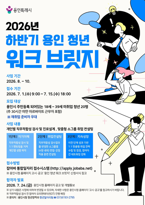 용인시가 오는 15일까지 모집하는 '2026년 하반기 용인 청년 워크 브릿지' 참가자 모집 홍보 포스터. 제공=용인시