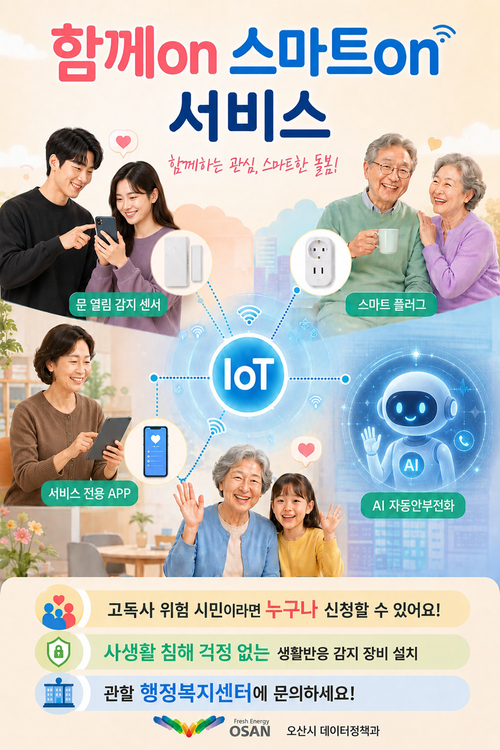 오산시가 운영 중인 '함께ON 스마트ON 서비스' 홍보 포스터. IoT 기반 생활반응 감지와 AI 자동안부전화 등을 활용한 고독사 예방 서비스를 안내하고