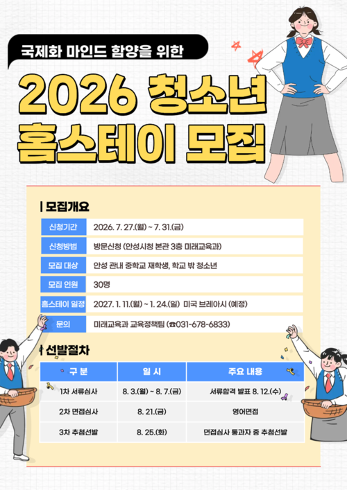 안성시가 국제교류 프로그램인 '2026년 청소년 미국 홈스테이' 참가자를 모집한다. 모집 안내 포스터. 제공=안성시