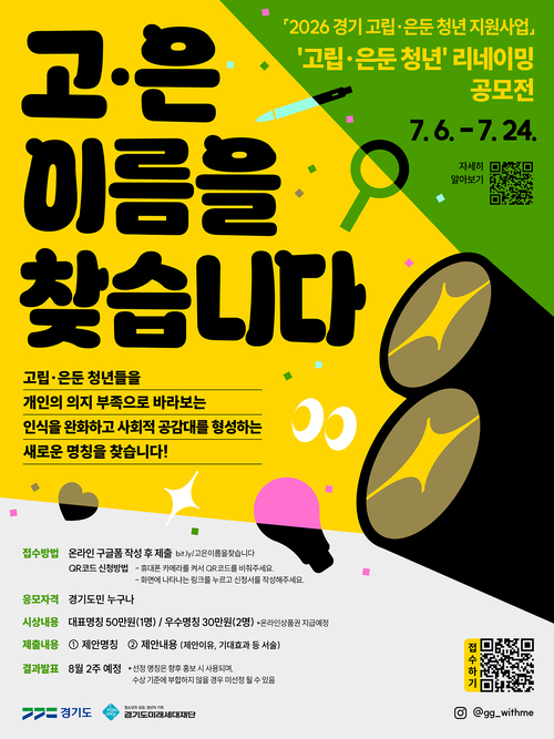 '2026 경기 고립·은둔 청년 지원사업'의 일환으로 진행되는 '고립·은둔 청년 리네이밍 공모전' 안내 포스터. 제공=경기도미래세대재단
