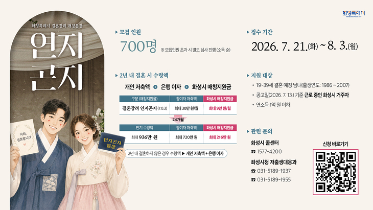 화성시가 2026년 '연지곤지 결혼장려 매칭통장' 참여자 모집을 위해 제작한 홍보 포스터. 제공=화성시