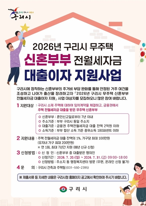 구리시 무주택 신혼부부 전월세 자금 대출이자 지원 안내 배너