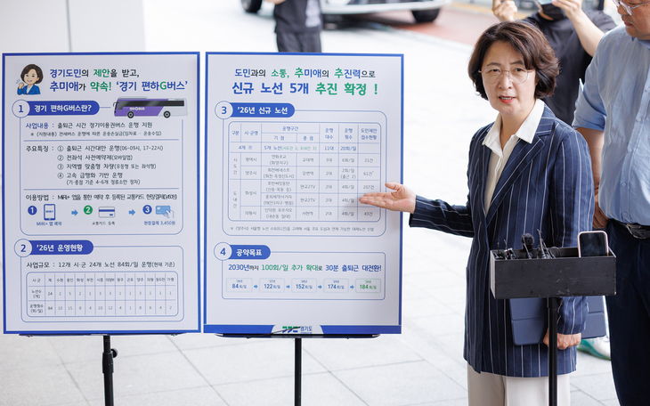추미애 경기도지사가 20일 성남시 판교역동편 정류소에서 경기편하G버스 신규 노선 확대 계획을 발표하고 있다. 제공=경기도