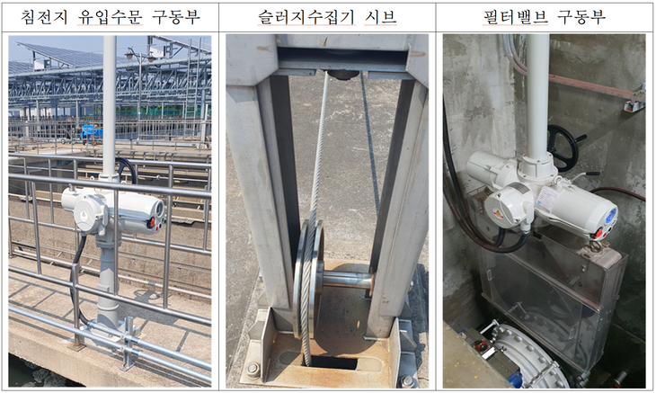 수산정수사업소가 식품등급 윤활제를 우선 적용한 침전지 유입수문 구동부와 슬러지수집기 시브, 여과지 필터밸브 구동부 모습. 제공=인천시