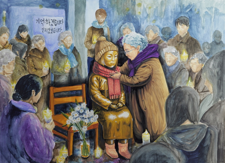시민회화대전 대상 수상작인 성호고 엄다윤 학생의 '겨울을 대신 입혀주다'. 제공=오산평화의소녀상