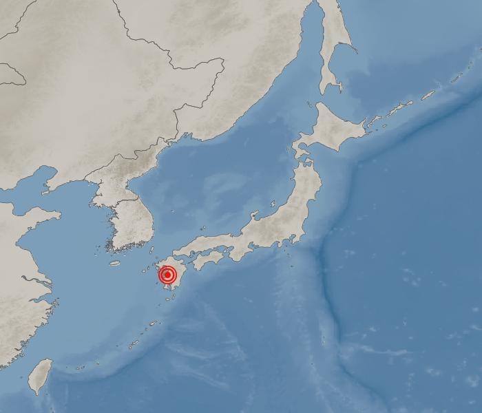 28일 오후 일본 구마모토현 구마모토시 남쪽 23㎞ 지역에서 발생한 규모 6.1 지진을 표현한 지도. 사진= 기상청