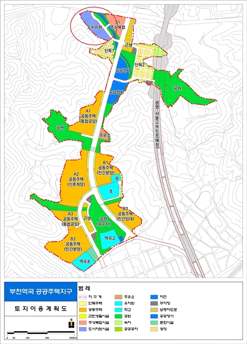 부천시 부천역곡 공공주택지구 토지이용계획도 내 도시지원시설용지 위치