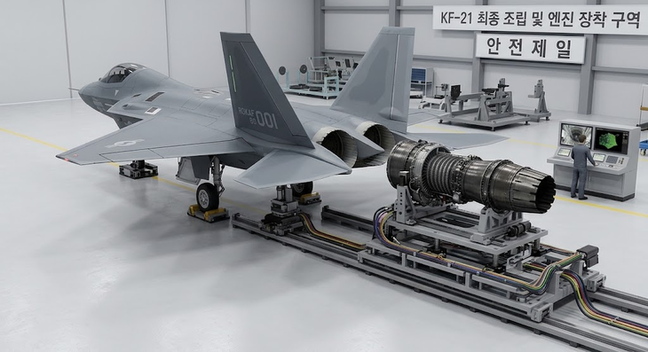 로봇을 활용해 한국항공우주산업(KAI)이 제작한 KF-21 전투기에 엔진을 장착하는 모습. 사진=구글 제미나이 생성