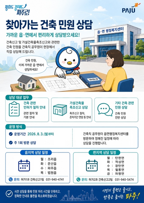 파주시 읍면으로 '찾아가는 건축신고 민원 서비스' 시행 배너