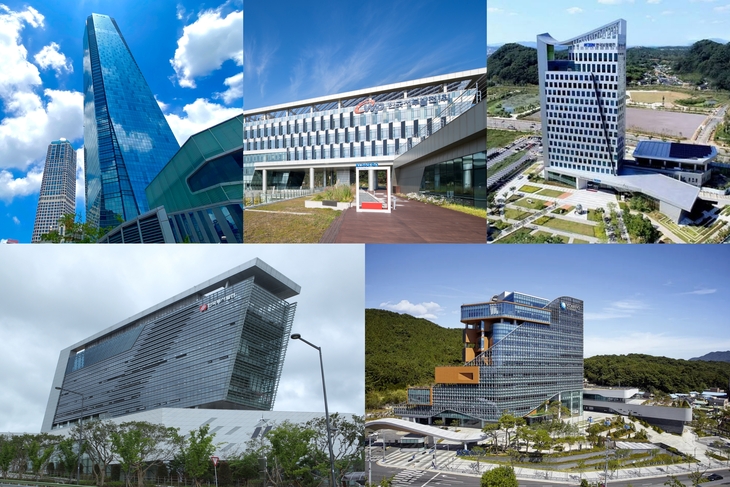 (왼쪽 위부터 시계방향으로)한국남부발전과 한국서부발전, 한국남동발전, 한국중부발전, 한국동서발전 본사 전경. 사진=남부발전·서부발전·남동발전