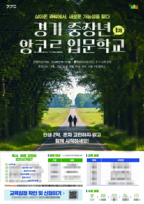 경기도가 9~10월 운영하는 '경기 중장년 앙코르 입문학교' 1기 참여자를 21일까지 모집한다.