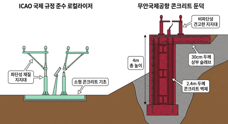 국제 규정에 입각한 로컬라이저와 제주항공 2216편 사고 당시의 무안국제공항 둔덕 비교. 그래픽=박규빈 기자