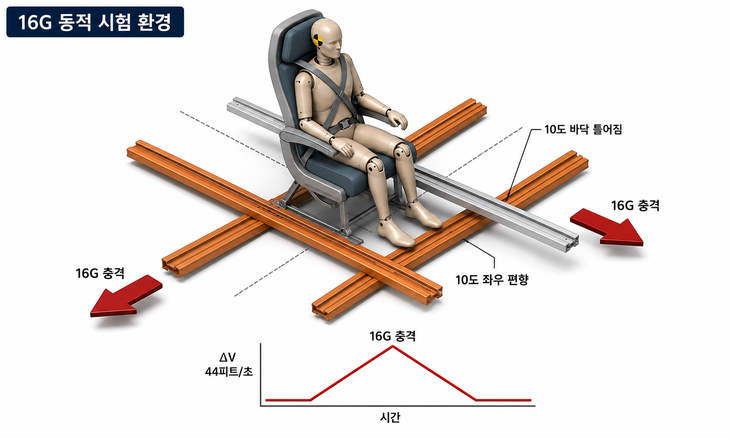 미국 연방항공청(FAA)의 14 CFR 25.562 규정에 따라 '16G 동적 시험 환경'에는 탑승자 보호 능력을 검증하기 위해 시속 48.3km(초속 44피트)의 속도 변화와 바