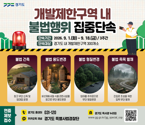 ▲ 경기도 특별사법경찰단이 오는 9월 1일부터 18일까지 진행하는 개발제한구역 내 불법행위 집중 단속 안내 포스터. 제공=경기도 특별사법경찰단