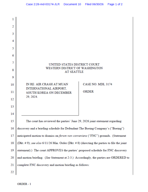 미국 워싱턴주 서부 연방지방법원의 '무안 참사 다중지구 소송(Multidistrict Litigation, MDL 3174)' 명령서