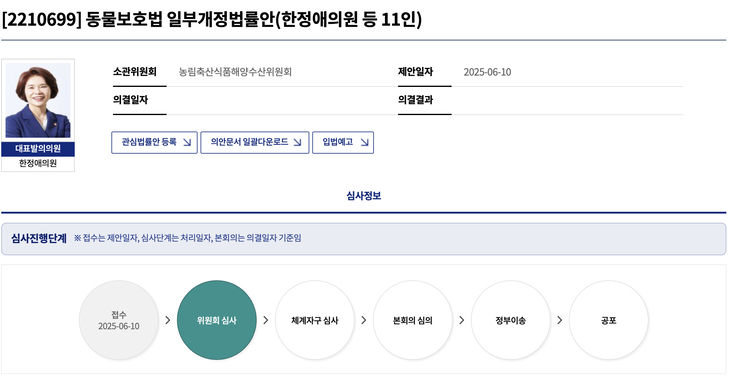 동물보호법 일부개정법률안 의안정보 현황. 사진=국회 의안정보시스템