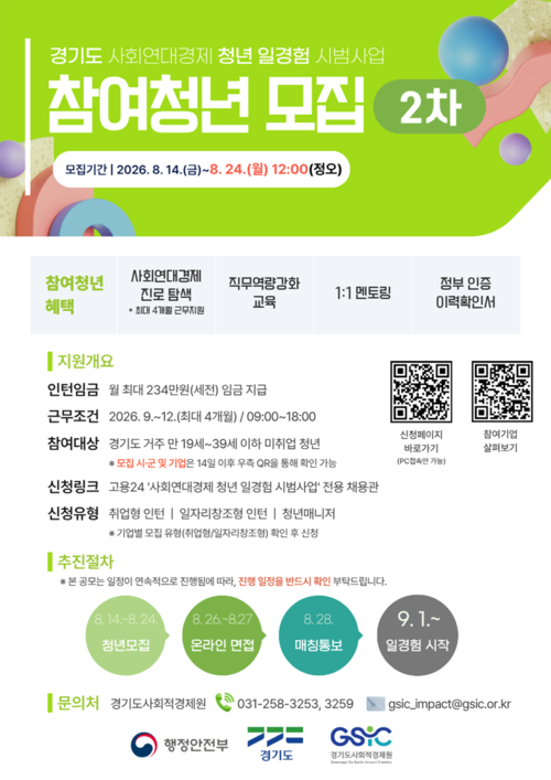 경기도 사회연대경제 청년 일경험 시범사업 2차 참여청년 모집 포스터. 제공=경기도