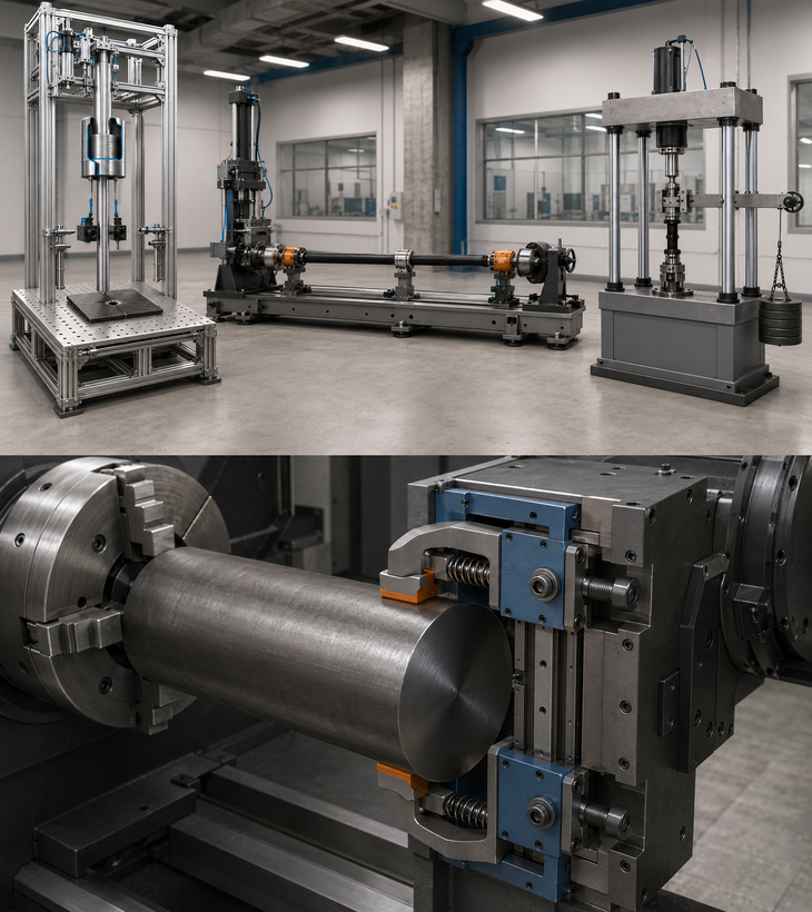 상단 사진의 왼쪽 장치는 아래쪽 팽창 고무가 무른 프리프레그를 곡면 전체에서 받치고, 위쪽 피스톤과 맨드릴이 동시에 눌러 적층재의 주름을 억제한