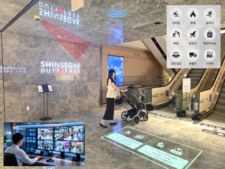 AI CCTV 시스템이 에스컬레이터 주변의 안전 위험 요소를 자동 탐지하는 모습. 해당 이미지는 AI 기술을 활용해 제작됐다. 사진=신세계면세점