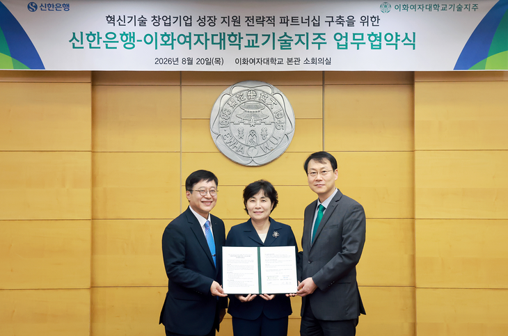 지난 20일 이화여자대학교 본관 소회의실에서 진행된 신한은행-이화여자대학교기술지주 업무협약식.