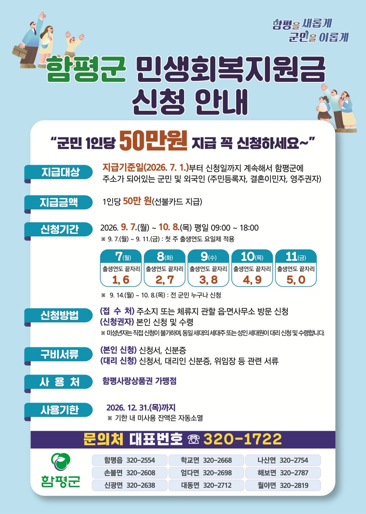 함평군, 민생회복지원금 50만원 추석 전 지급