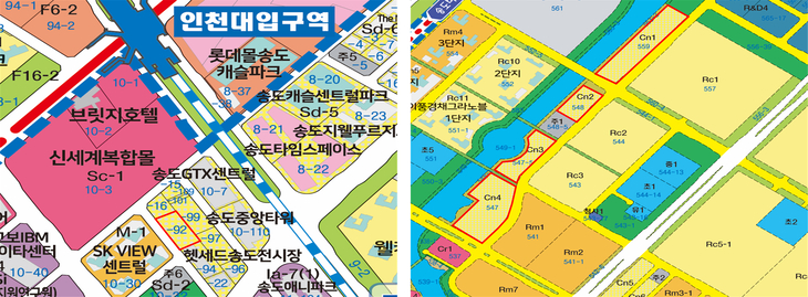 인천경제자유구역청이 경쟁입찰 방식으로 매각을 추진하는 송도국제도시 4공구(왼쪽) 및 11공구 일원 토지 토지이용계획도. 제공=인천경제자유구역청