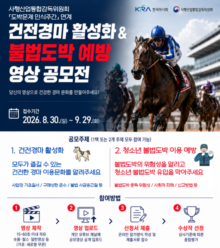 한국마사회가 '건전경마 활성화 & 불법도박 예방 영상 공모전'​을 개최한다. 이번 행사는 경마 이용 과정에서 지켜야 할 건전한 이용문화를 알리고
