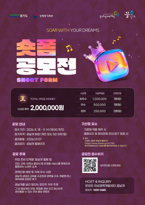 경기도일자리재단이 운영하는 온라인 여성경력개발센터 '꿈날개' 숏폼 공모전 안내 포스터. 제공=경기도일자리재단