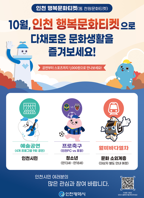 10월부터 개편·시행되는 '인천 행복문화티켓' 안내 포스터. 제공=인천시