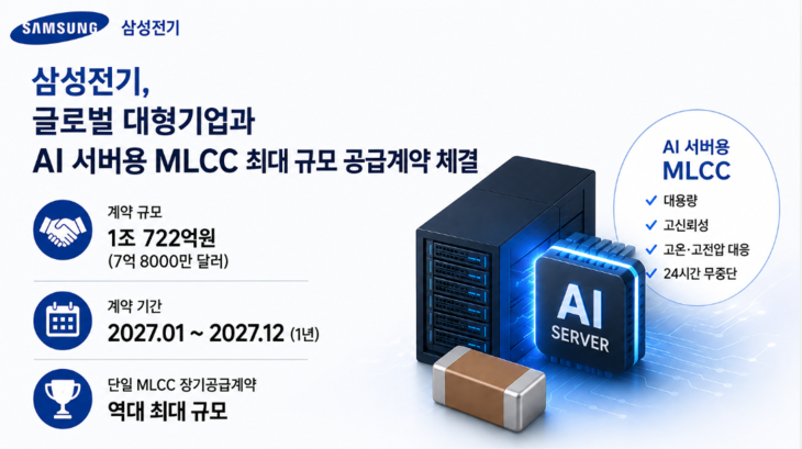 삼성전기가 글로벌 대형기업과 체결한 AI 서버용 MLCC 공급계약의 규모와 기간, AI 서버용 MLCC의 주요 특징을 정리한 그래픽.