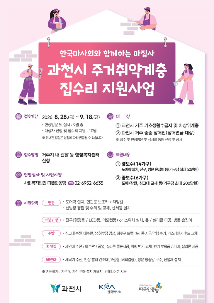한국마사회가 과천시 주거 취약계층의 안전하고 쾌적한 주거환경 조성을 위해 '마집사 과천시 주거 취약계층 집수리 지원사업'을 추진한다