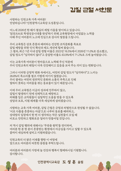 도성훈 인천시교육감이 교직원들에게 발송한 '갑질 근절 서한문' 이미지. 제공=인천시교육청
